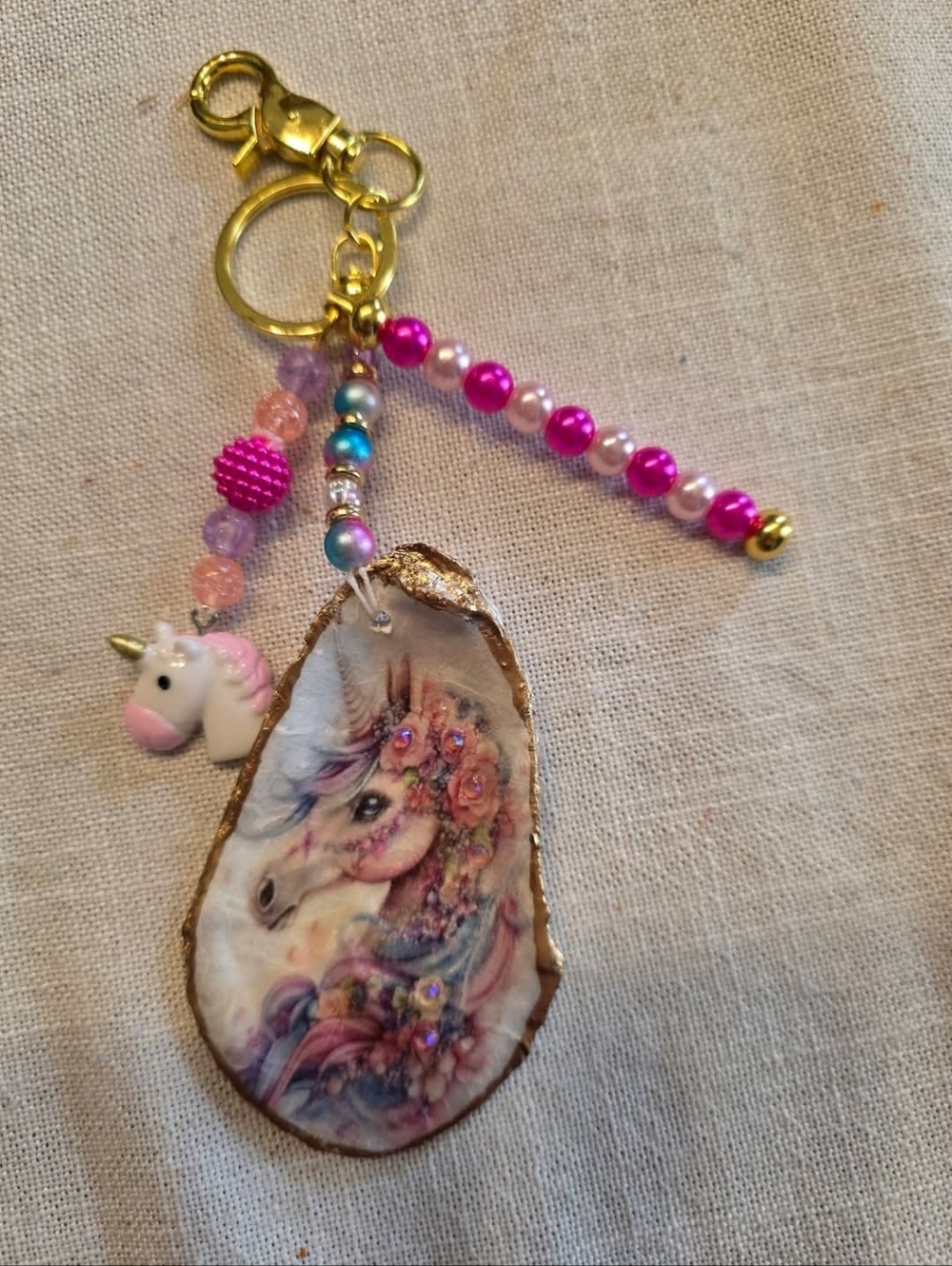 Whimsical Unicorn Beaded Keychain - Pink, Gold, Blue